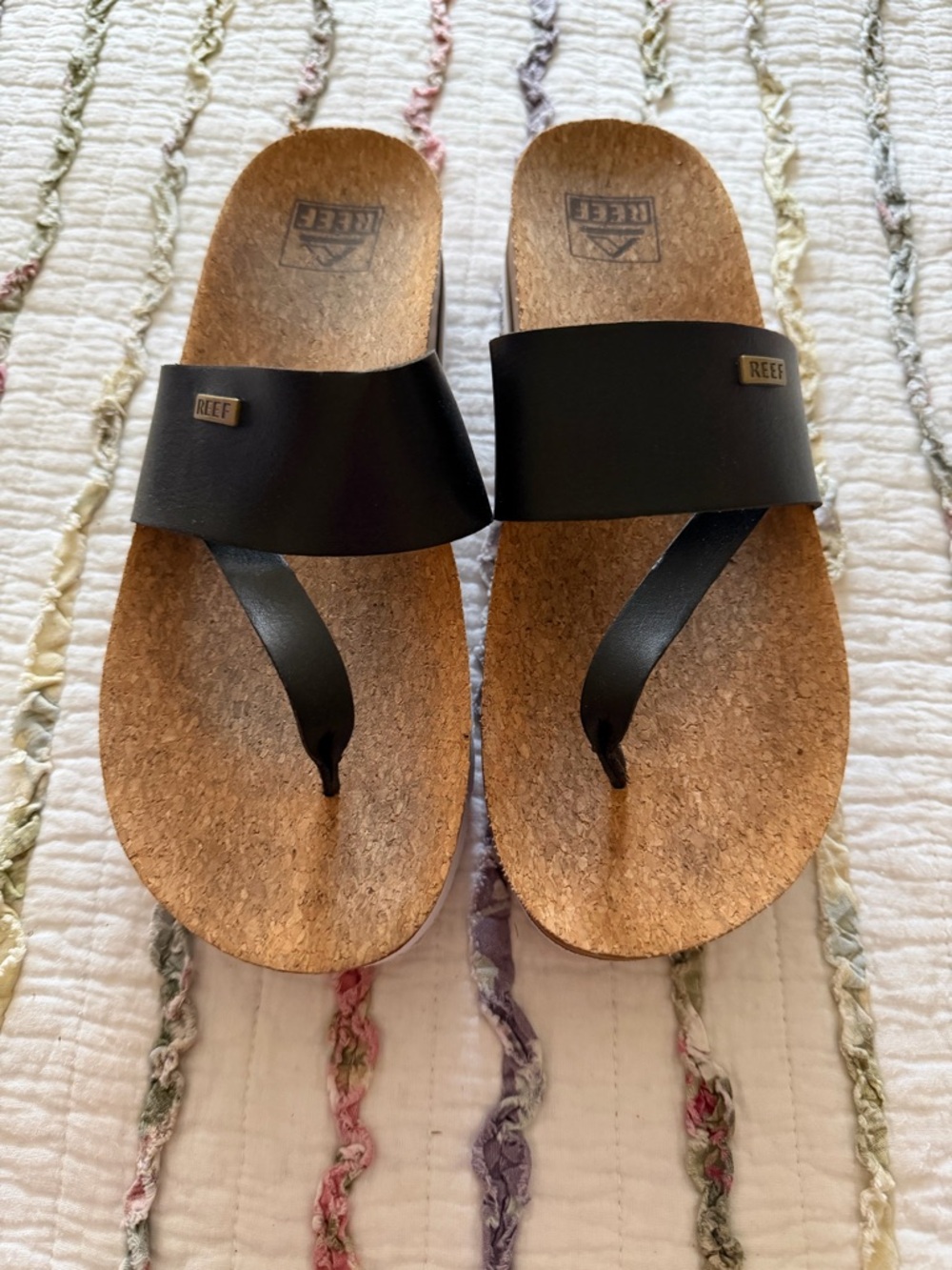 Reef Black Leather Cork Slide Sandals